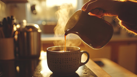 A close-up of a woman's hand gracefully pouring slow coffee into a ceramic mug, with steam swirling and a peaceful kitchen atmosphere behind.の素材