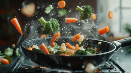 A frying pan in action with colorful vegetables like carrots, broccoli, and garlic flying into the air, creating a dynamic culinary scene.の素材