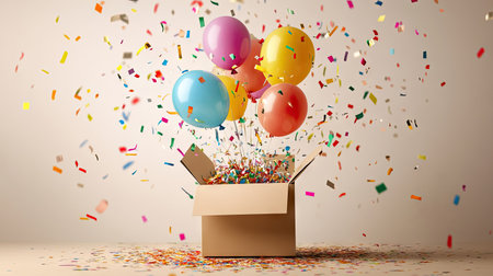 A gift box bursting open with balloons flying out, surrounded by streamers and confetti, against a neutral-toned background, giving a dynamic sense of fun and excitement.の素材