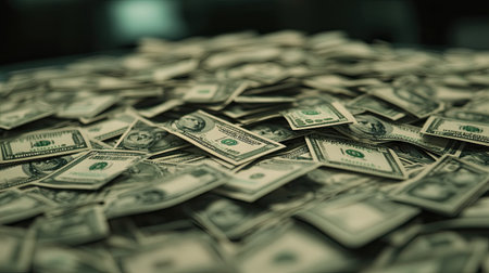 A pile of hundred-dollar bills scattered across a table, with the iconic green and white design of U.S. currency prominently displayed against a neutral background.の素材