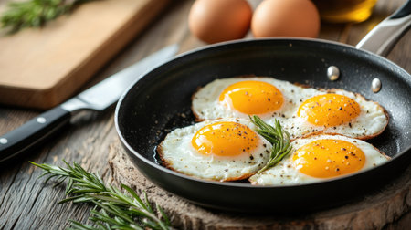 A frying pan with golden fried eggs and rosemary sprigs, placed on a rustic wooden table, with a knife and cutting board visible in the background.の素材