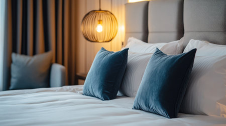 A luxurious hotel suite bed with a soft duvet and large pillows, perfectly arranged, with decorative accents in the background.の素材