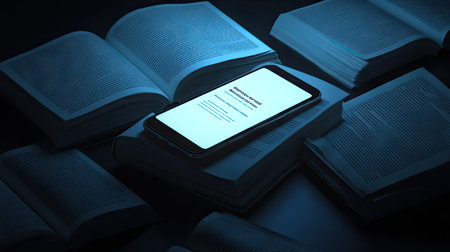 A minimalist scene with a glowing phone screen displaying an ebook app, placed on top of several open paper books, set against a solid black background.の素材