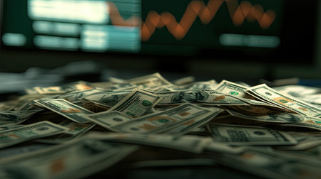 A pile of hundred-dollar bills scattered across a desk, with a financial chart in the background, symbolizing investment, trading, or economic growth.の素材