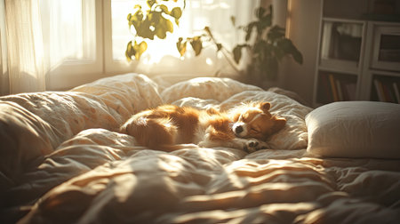 A pet dog curled up on top of a fluffy duvet, with soft pillows scattered around, in a sunlit bedroom.の素材