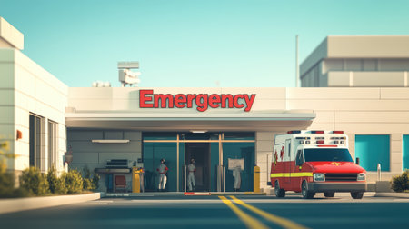 A hospital entrance with the "Emergency" sign clearly visible, an ambulance parked in front, and medical staff on standby, set against a bright, clear sky.の素材