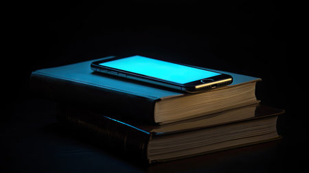A phone screen glowing with an audiobook app, resting on top of paper books, all set against a black background, representing modern reading habits.の素材