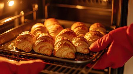 A person wearing red oven mitts pulling out a baking tray full of golden croissants from an electric oven, with the warm glow of the oven light highlighting the flaky pastries.の素材