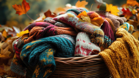 A pile of warm knitted garments, including sweaters, scarves, and socks, resting in a wicker basket, with autumn leaves scattered around.の素材