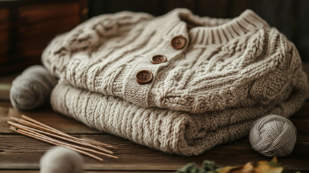 A neatly folded knitted sweater with buttons, placed on a wooden table next to knitting needles and balls of yarn in muted tones.の素材