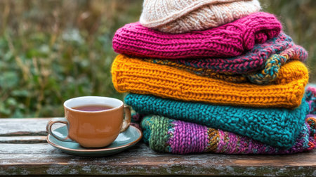 A stack of colorful knitted scarves and hats neatly folded on a rustic wooden bench, with a cup of hot tea beside them.の素材