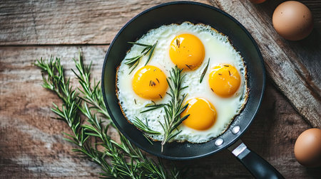 A top-down view of eggs frying in a non-stick pan, with fresh rosemary scattered around, creating a rustic breakfast scene on a wooden kitchen table.の素材