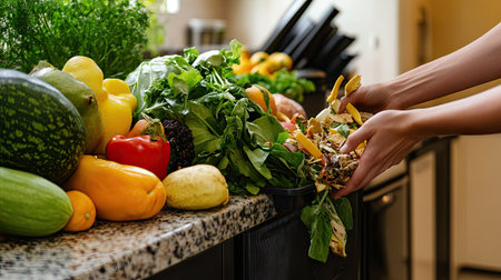 A person throwing organic waste, such as food scraps and fruit peels, into a trash bin, with a kitchen countertop full of fresh produce in the background.の素材