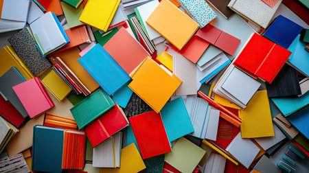 A top-down view of a pile of colorful books with bright covers, scattered on a white surface, creating a dynamic, artistic display of reading materials.の素材