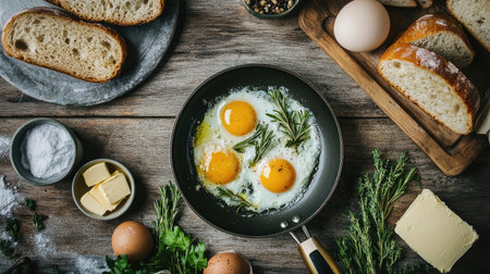 A top-down view of eggs frying in a pan, garnished with rosemary sprigs, with fresh bread, butter, and herbs on the kitchen counter beside it.の素材