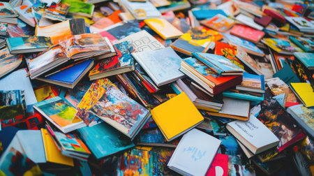 A top-down view of a pile of colorful books with bright covers, scattered on a white surface, creating a dynamic, artistic display of reading materials.の素材