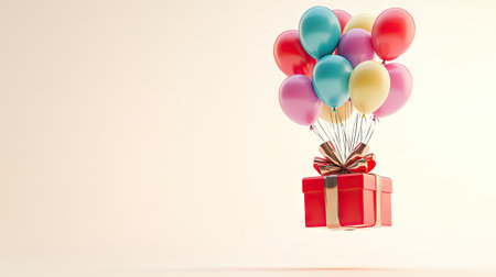 A red gift box with a glossy bow, overflowing with multicolored balloons, floating gently on a minimal, light-colored background, conveying a cheerful celebration.の素材