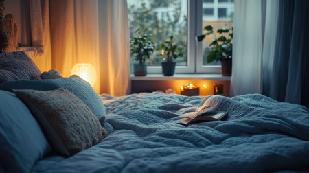 A serene bedroom setup with a textured duvet and pillows, soft ambient lighting, and a cozy reading nook by the window.の素材