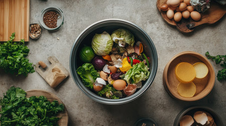 A top-down shot of a kitchen trash bin filled with organic food waste, including vegetable scraps, coffee filters, and eggshells, ready for composting.の素材