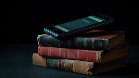 A smartphone displaying a reading app on its screen, resting on top of a stack of paper books, all set against a dark black background, highlighting the contrast between digital and print.の素材