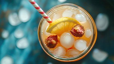 A top-down view of a lychee lemonade mocktail in a mason jar, with ice cubes, a lemon wedge, and lychee pieces floating inside, served with a striped straw.の素材