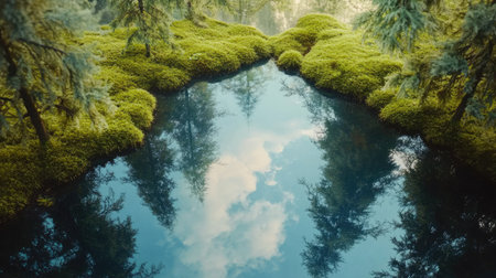 Moss growing over the edges of a forest pond, reflecting the trees and sky above in its still surfaceの素材