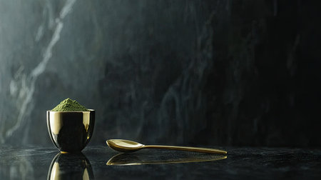 Matcha powder on a golden spoon placed against a luxurious dark background with a minimalist setup of tea accessoriesの素材