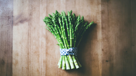 A bundle of harvested bamboo shoots arranged neatly on a wooden table, ready to be prepared for a meal.の素材