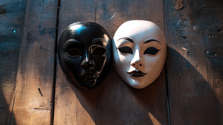 White and black drama masks placed side by side on a wooden stage with dramatic spotlightingの素材