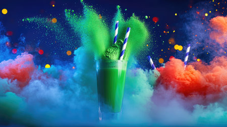 A dramatic shot of matcha powder being poured into a glass of water, the green clouds of powder swirling in the liquid.の素材