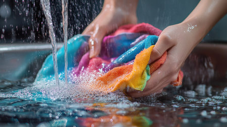 Wet cloth being twisted and squeezed by hands, with water spraying out in vibrant arcs over a metallic sinkの素材