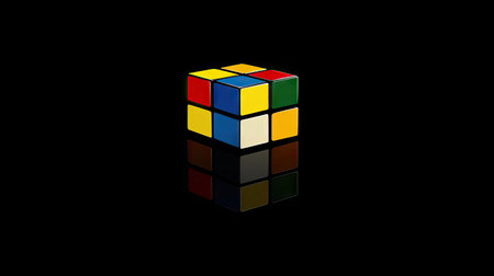 A Rubik's cube placed on a reflective surface, showing the cube and its vibrant colors mirrored below.の素材