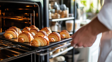 A baker sliding a tray of freshly baked croissants out of an electric oven, with a rack of utensils and ingredients visible in the background.の素材