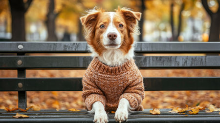A dog wearing a custom-made knitted sweater, sitting on a bench in the park during a crisp fall day, with leaves scattered around.の素材