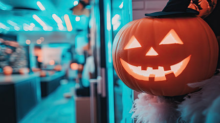 A row of jack-o'-lanterns lit up in the dark, each with a different spooky expression and glowing brightly.の素材
