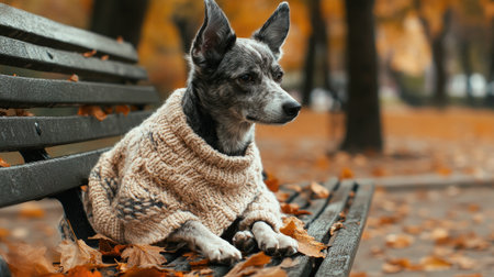 A dog wearing a custom-made knitted sweater, sitting on a bench in the park during a crisp fall day, with leaves scattered around.の素材