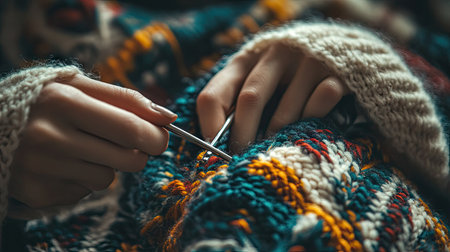 A close-up of knitting needles in action, with colorful yarn being transformed into a cozy, patterned sweater, in a soft natural light setting.の素材