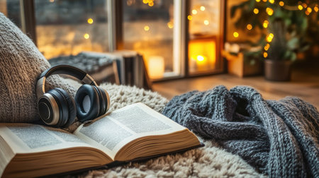 A cozy living room scene with headphones resting on a soft pillow next to an open book, perfect for unwinding with a good audiobook or relaxing music.の素材