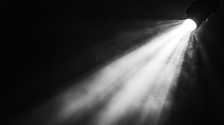 A focused beam of light shining from the lower-right corner, creating a stark, radiant contrast against the dark background with edges of the light glowing softly.の素材