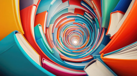 A playful scene of colorful books stacked in a spiral pattern, their bold covers and bright designs creating a dynamic, artistic visual against a simple background.の素材