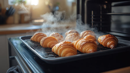 A tray of golden, flaky croissants being removed from an electric oven in a modern kitchen, with steam rising and the oven mitts in action.の素材