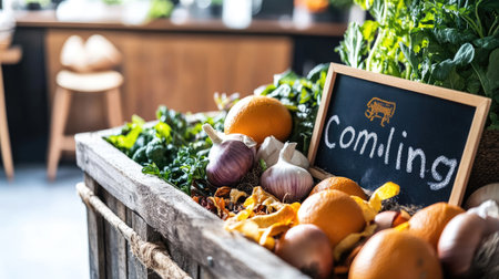 A trash bin overflowing with organic waste, featuring orange peels, onion skins, and vegetable scraps, with a composting sign nearby in a home kitchen.の素材