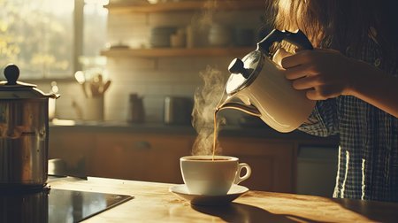 A woman pouring freshly brewed slow coffee from a pour-over kettle into a simple white cup, with a soft, sunlit kitchen in the background.の素材