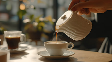 A womans hand tilting a coffee dripper to pour slow coffee into a small cup, with a relaxing, sunlit caf table scene in the background.の素材
