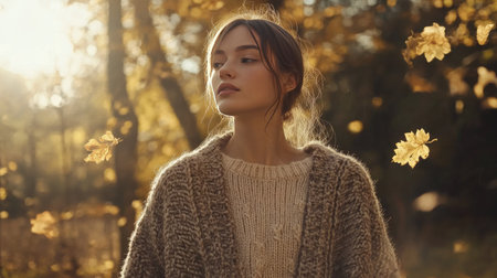 A young woman wearing a chunky knitted cardigan, standing outdoors in an autumn forest with golden leaves and soft sunlight filtering through.の素材