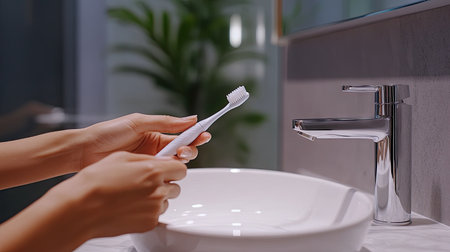 A close-up of hands holding a toothbrush and brushing teeth in front of a bathroom mirror, with a stylish sink and modern, minimalist decor.の素材