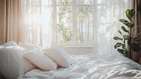 Cozy white duvet and soft pillows on a neatly made bed, in a bright modern bedroom with natural sunlight streaming in through large windows.の素材