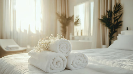A bright, airy bedroom with white towels carefully folded on a bed, surrounded by elegant decor and natural light filling the room.の素材