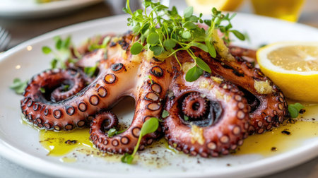 A beautifully plated grilled octopus dish served in an upscale restaurant, garnished with microgreens, lemon slices, and drizzled with olive oil on a white ceramic plate.の素材
