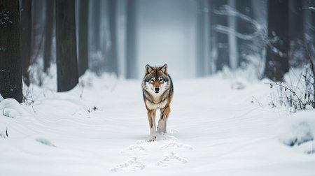 A lone Eurasian wolf walking through a snow-covered forest, leaving paw prints in the fresh snow. The dense trees create a peaceful yet mysterious atmosphere.の素材